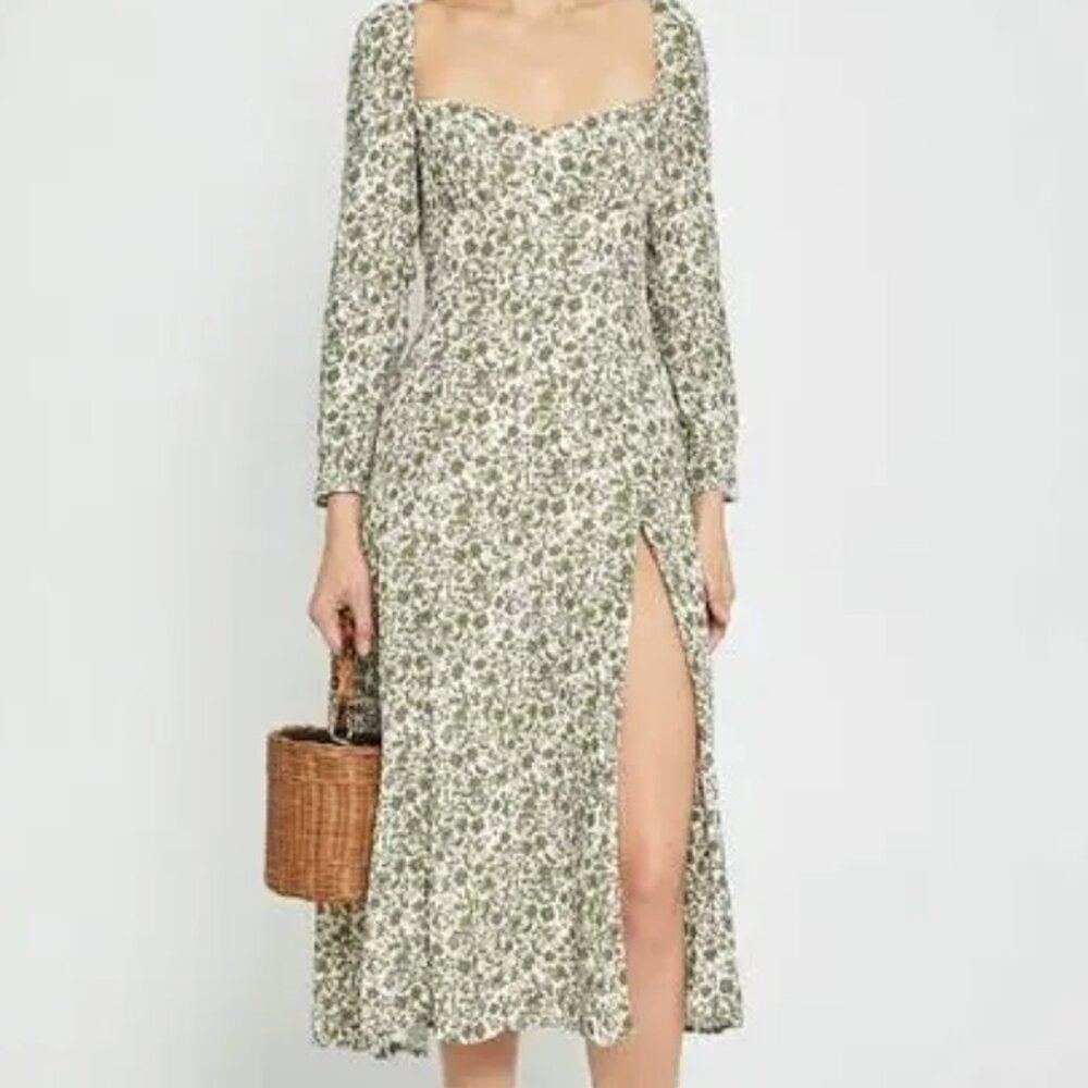O.P.T. Crimini Floral Midi Dress Green White Slit Long Sleeve Size Small